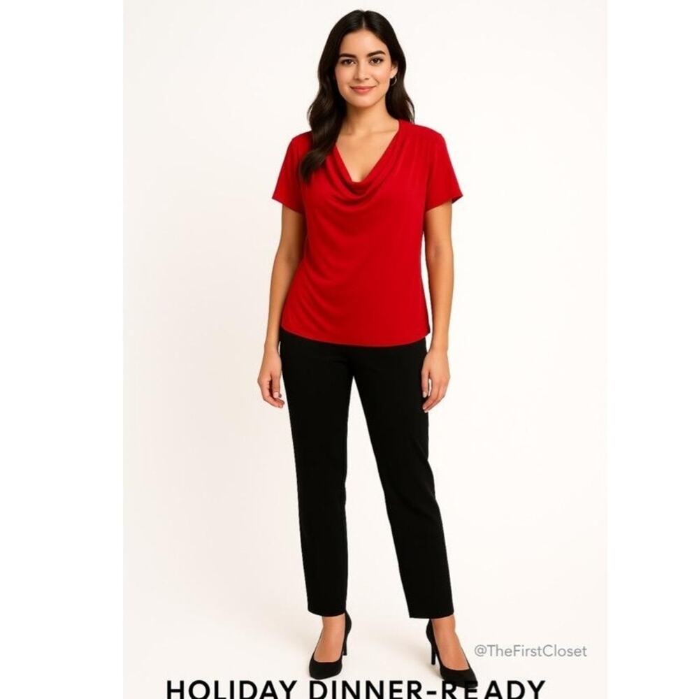 Carol Rose Red Cowl Neck Short Sleeve Blouse‎ Large Holiday
